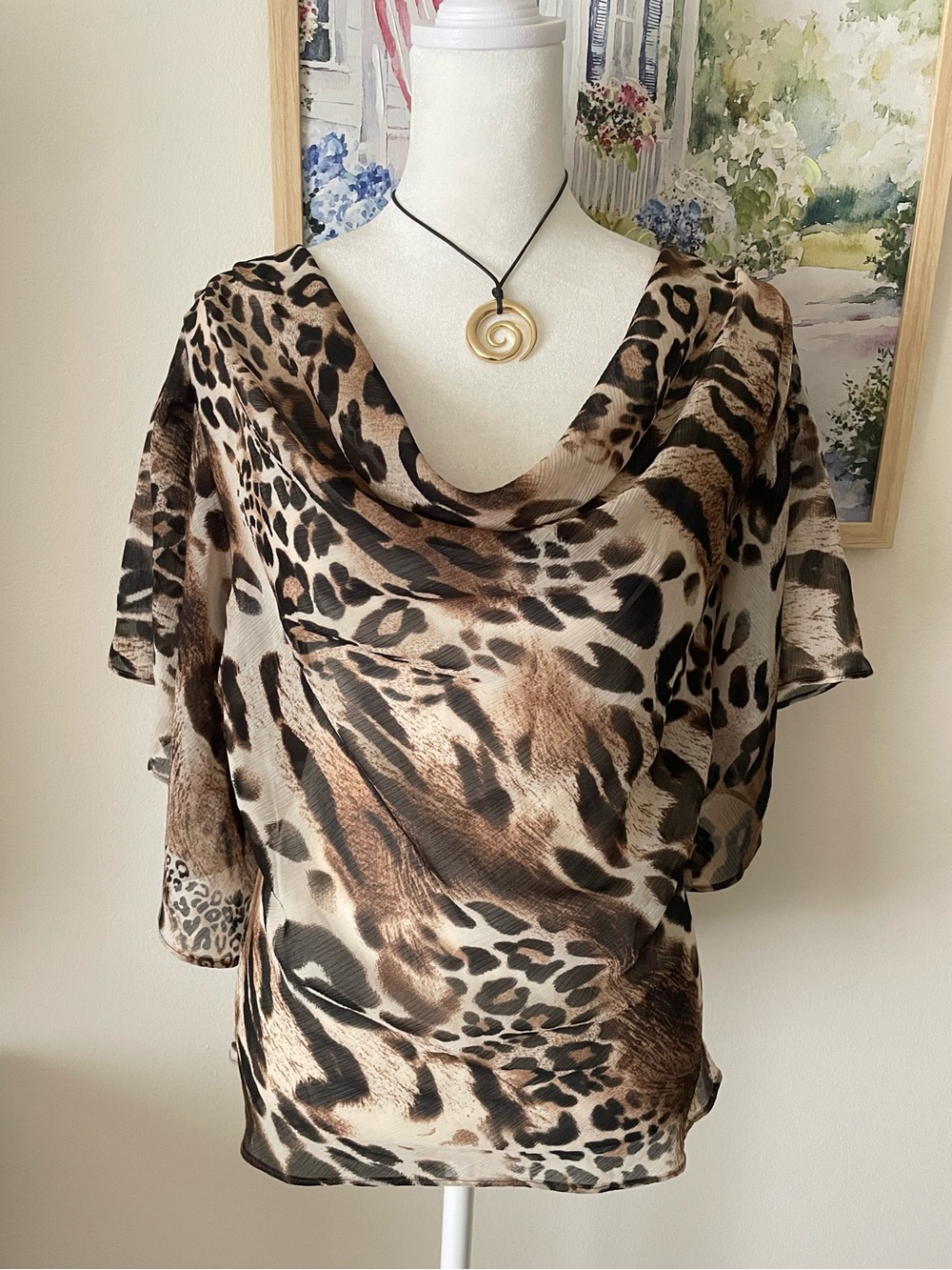 Grass Collection Y2K Leopard Cheetah Draped Kimono Sleeve Sheer Blouse Top